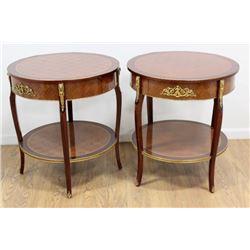 Pair French Style Bronze Mounted Round Lamp Tables