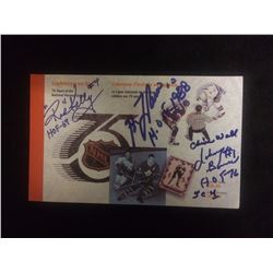 CANADA POST NHL 75TH STAMP COVER SIGNED BY GUY LAFLEUR, JOHNNY BOWER & RED KELLY