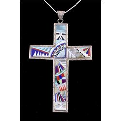 Zuni Inlaid Mosaic Large Cross Necklace by M.Y.