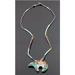 Zuni Sterling Silver Turquoise Inlay Bear Necklace