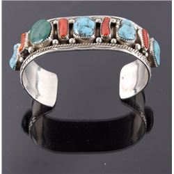 Navajo Turquoise Coral & Malachite Sterling Cuff