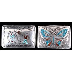 Navajo Signed Turquoise & Coral Tooled Buckles