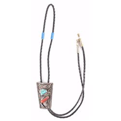 Signed Navajo Silver Turquoise & Coral Bolo Tie
