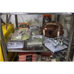 SHELF LOT OF COLLECTIBLE ITEMS INCLUDING FOOTBALLS