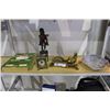 Image 1 : SHELF LOT OF COLLECTIBLES INCLUDING VINTAGE CLOCK, BRONZE FIGURE, BRASS INKWELL SET, COLLECTORS