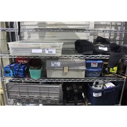 SHELF LOT OF MISC ITEMS INCLUDING FISHING TACKLE BATTERY CHARGER AND MORE