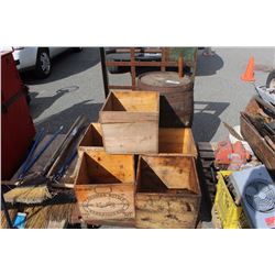 ROLLING CART, WINE BARREL AND 5 CANADIAN BUTTER BOXES