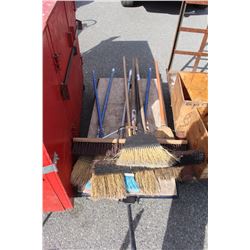 ROLLING CART AND LOT OF BROOMS AND PITCHFORK