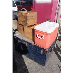 ANTIQUE TRUNK 3 BUTTER BOXES AND COOLER