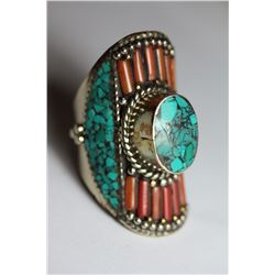 Tibet Hand Made Turquoise & Coral Ring