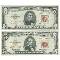 1963 $5 Fine Red Seal Bill Lot of 2