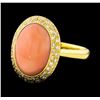 Image 1 : Coral and Diamond Ring - 18KT Yellow Gold