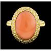 Image 2 : Coral and Diamond Ring - 18KT Yellow Gold