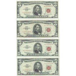 1963 $5 Fine Red Seal Bill Lot of 4