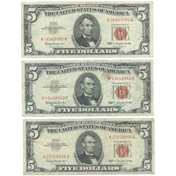 1963 $5 Fine Red Seal Bill Lot of 3