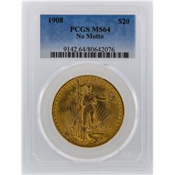 1908 PCGS MS64 $20 No Motto St. Gaudens Double Eagle Gold Coin