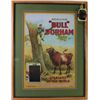 Image 1 : Nicely framed and matted reprint Bull Durham Tobacco print, depicts Treed cowboy wait out the bull, 