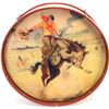 Image 1 : Childs cowboy drum showing overall good condition, depicts a cowboy on a bucking bronc, a couple of 