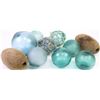 Image 2 : Collection of 10 Alaskan wood and glass fishing floats, 2) wooden floats and 8) various size glass f