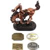 Image 1 : Collection of 5 includes resin cast sculpture of horse and rider and 4 vintage belt buckles.