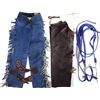 Image 1 : Collection of 4 includes 2) pair rodeo chaps, bridle, unmarked 2 piece leather spur straps.