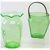 Image 1 : Collection of 2 good early green depression glass items, includes large vase 9" tall and metal handl