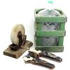 Image 1 : Collection of 3 includes large water bottle with crate, table top grinding wheel and vintage cap gun