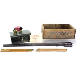 Collection of 6 includes relic double barrel shotgun, Peters ammo box, 2) wood cleaning rods, Winche