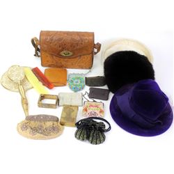 Collection of misc. ladies items includes coin purses, hats, dresser mirror and hand tooled ladies h