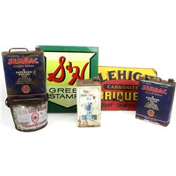 Collection of 6 includes 2) tin signs, 1) Standard oil axel bucket, and 3) 1 gallon tin can.