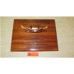 Koa Wood Award Plaque w/Canoe Relief - "Princess Kawananakoa"