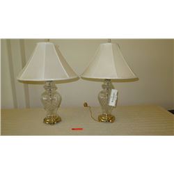 Pair: Waterford Cut Crystal Urn Lamps w/Shades & Seahorse Finials 21.5" H