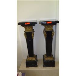 Pair: Tall Black Marble Column Pedestals w/Gilt Relief - Approx. 43" Tall