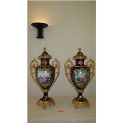 Pair: Large Sevres Style Cobalt Blue Porcelain French Urns w/ Gilt Relief - approx. 39" H