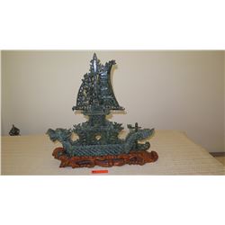 Vintage Ornate Carved Dragon Boat w/ Masts & Carved Wood Base 25X25"H, 5" W