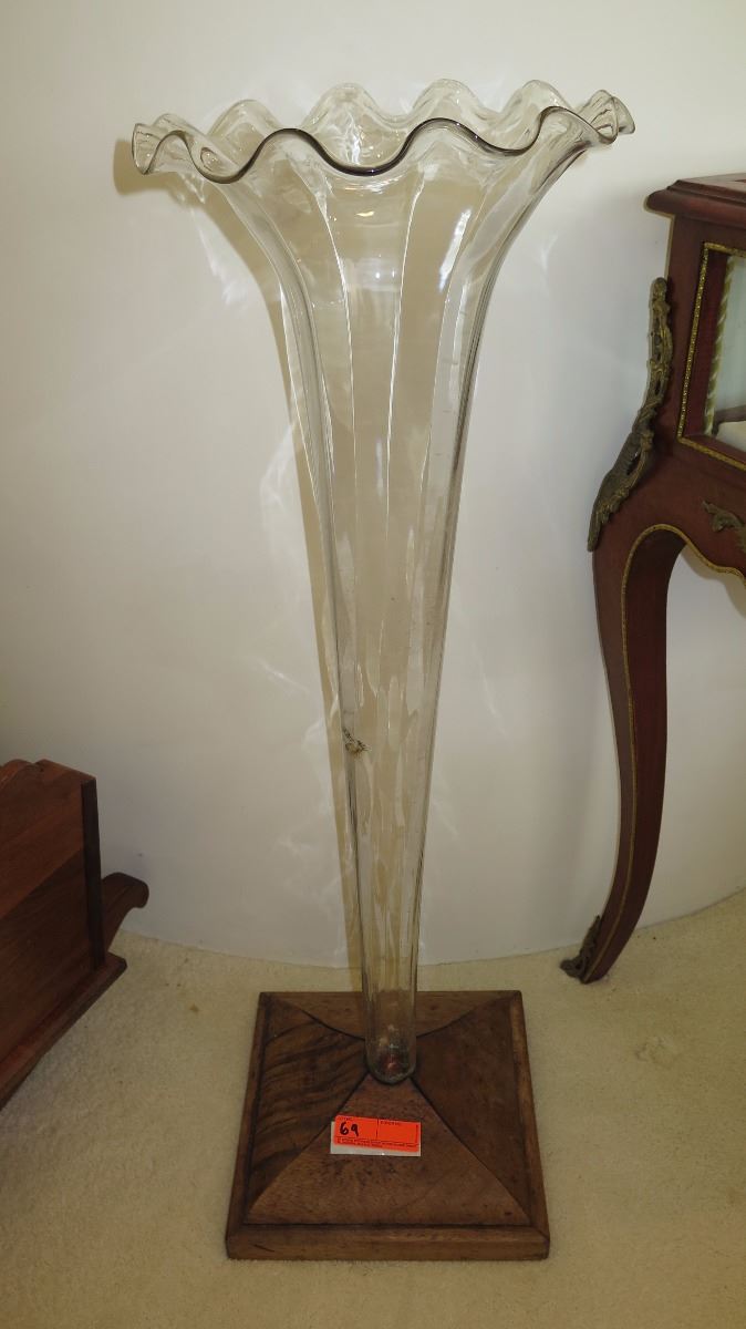 Tall Trumpet Fluted Glass Vase w/ Ridged Edges & Wooden Base (approx. 39 H) - Oahu Auctions large fluted vase