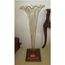 Tall Trumpet Fluted Glass Vase w/ Ridged Edges & Wooden Base (approx. 39  H)