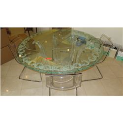 Lalique Style Round Glass Dining Room Table w/Lucite Base & 4 Chairs (5ft dia.)