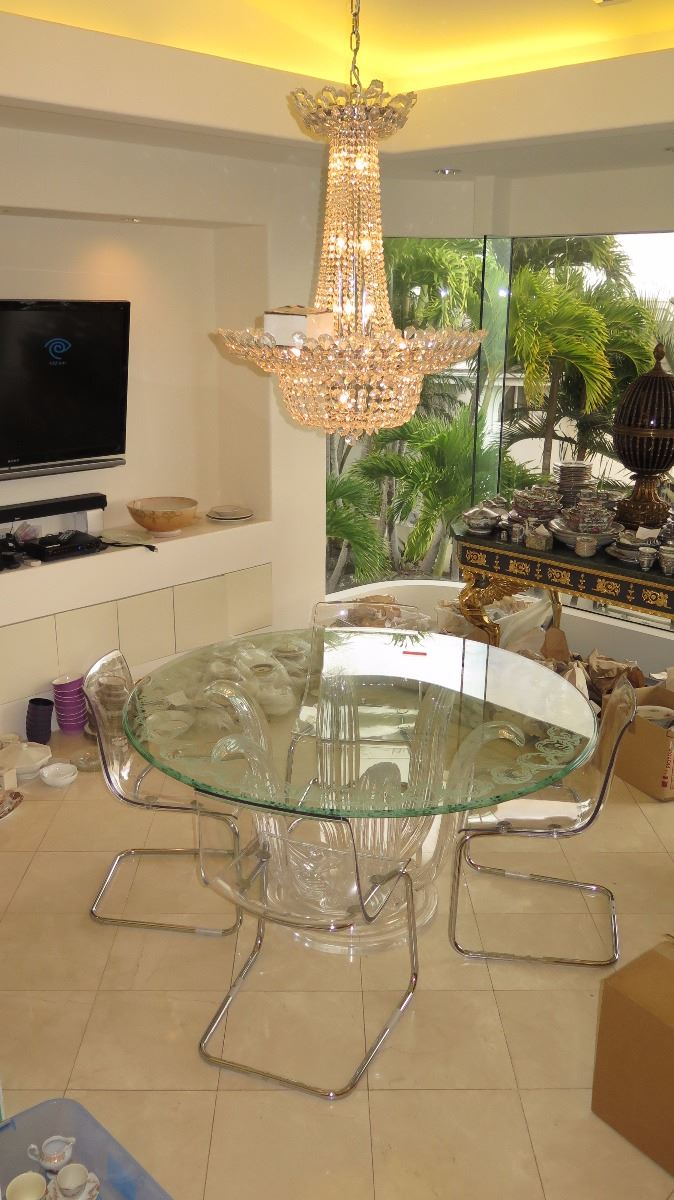 Lalique Style Round Glass Dining Room Table w/Lucite Base ...