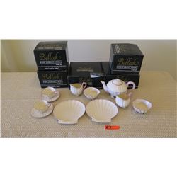 New Belleek Fine China "Neptune" Plates, Teapot, Demitasse Cups, Saucers, Sugar Bowls, Creamers