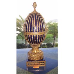 Collossal Neoclassical Glazed Cobalt Blue Faberge Style Egg w/Gilt Overlay & Gilded Base (37  H)