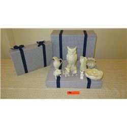 Belleek 9-Piece Fine Porcelain Figurines: Owl, Dog, Pigs, Pitcher, etc.