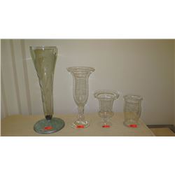 Qty 4 X-Large Glass Vases: Etched Tropical Foliage (34  tall), Goblet Style (28 ), etc.