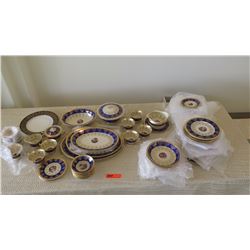 Fine China Set: Cobalt Blue w/Gilt Border - Plates, Bowls, Cups, Servers