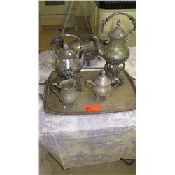 Plated Siver Tray and Coffee & Tea Server Set, Sugar Bowl, Creamer