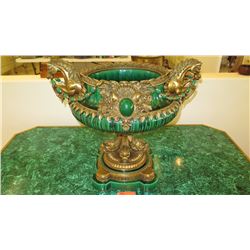 Large Glazed Porcelain Neoclassical Chalice w/Ornate Brass (Bronze?) Ornamentation 28X21X23