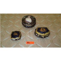 Qty 3 Misc. Gilt-Banded French Limoges Cobalt Blue Ceramic Trinket Boxes