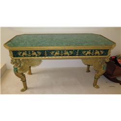 French Empire Style Faux Malachite Overlay Table w/Gilt Edging and Lion Clawfoot Details 63x31x32