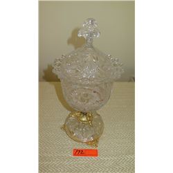 Etched Italian Hand-Cut Crystal Chalice w/Lid - 24K Gold Plated Base & Ornamentation 16" H