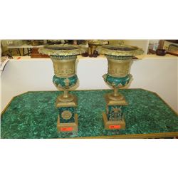 Pair: Large Brass Cast Chalice w/Ornate Gilt Relief and Faux Malachite Overlay 24" H